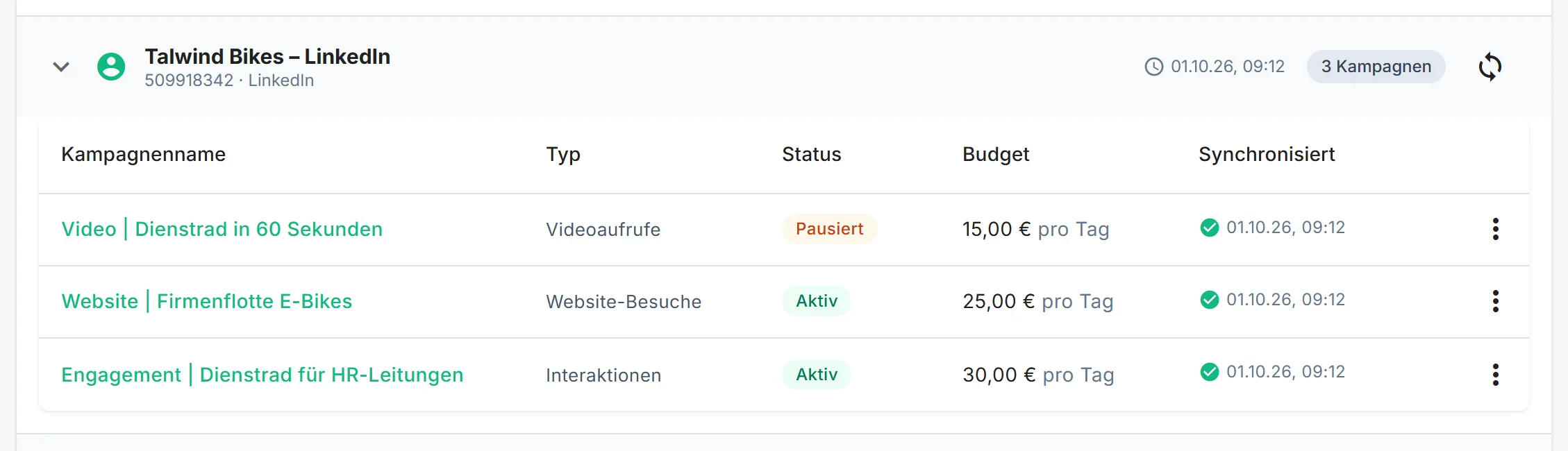 LinkedIn Ads-Kampagnen in der adbrain Kampagnenübersicht