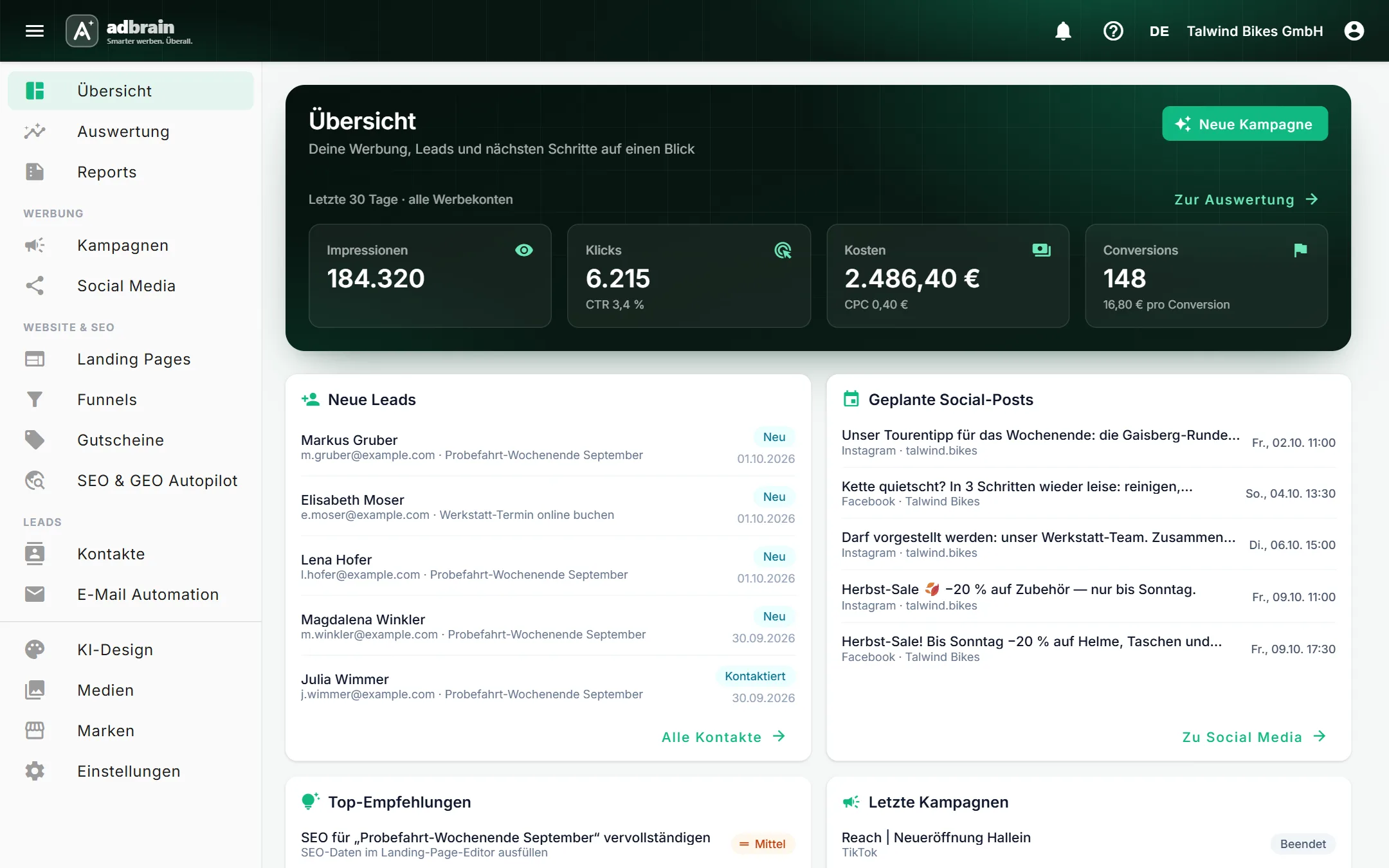 adbrain Dashboard mit neuen Leads, geplanten Social-Media-Posts und laufenden Kampagnen